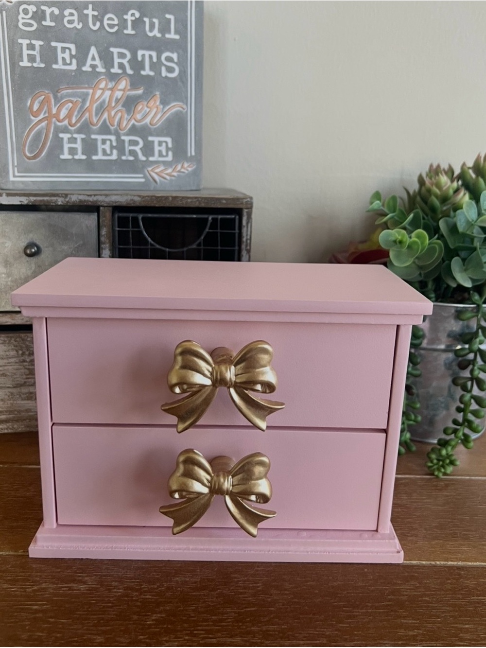 New Pink 2 Drawer Wooden Display with Gold Bow Knobs